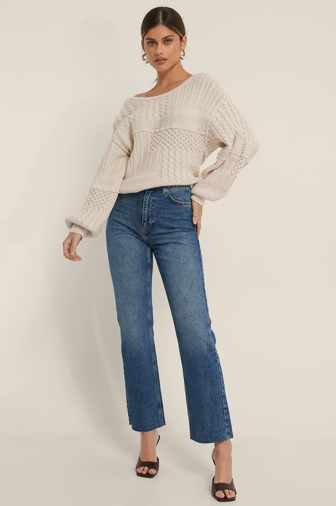 Hohe Taille Roher Saum Gerade Jeans