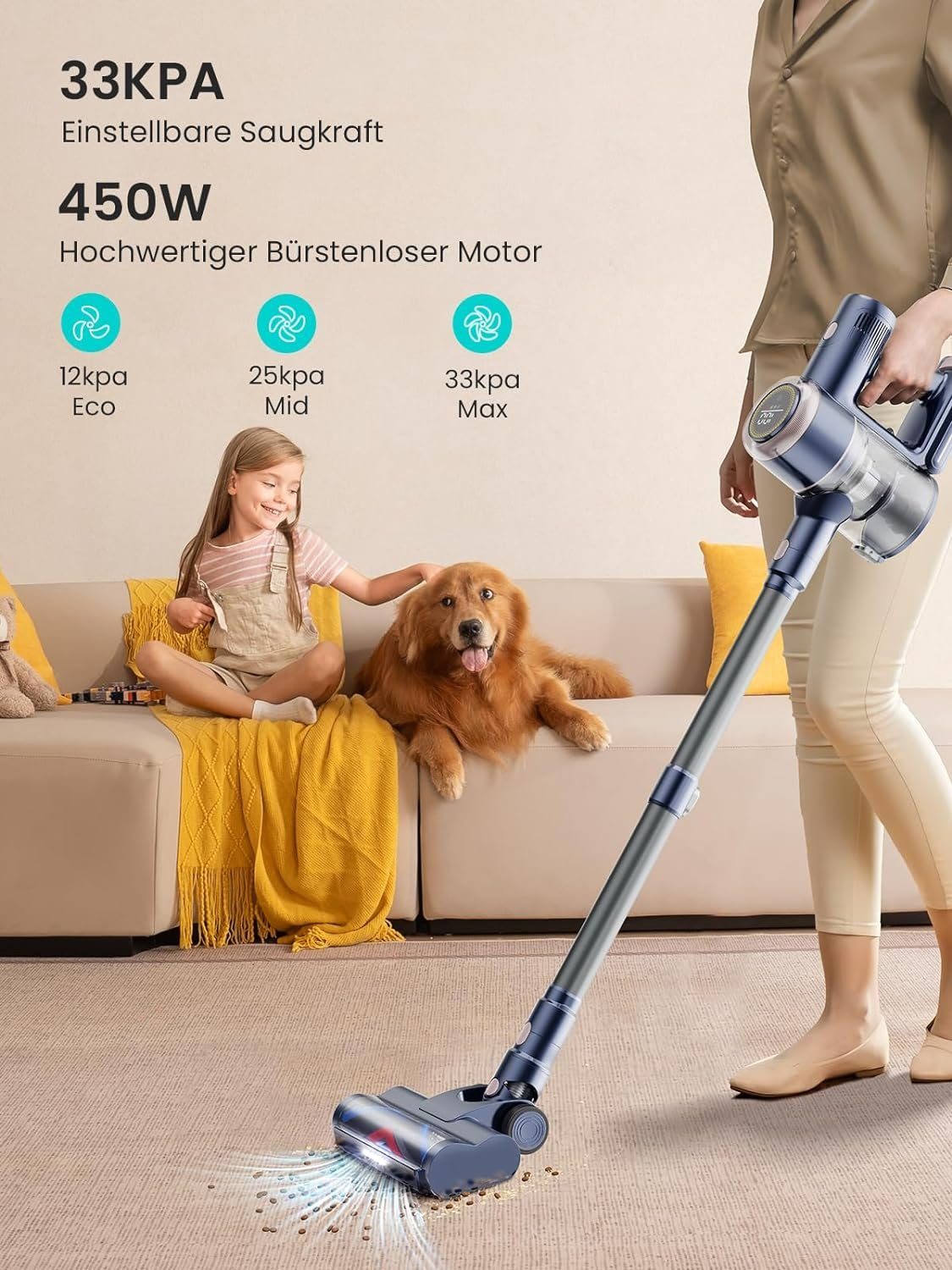 Honiture Akku-Hand-und Stielstaubsauger, Handstaubsauger, 400W/33000pa handstaubsauger mit akku, Bis zu 60 Min Laufzeit, 1.5L Staubbehälter, für Tierhaare,Teppich und Hartböden