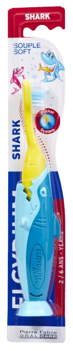 Elgydium Pocket Kids dantų šepetėlis su ryklio formos skoniu vaikams (2 vnt.)