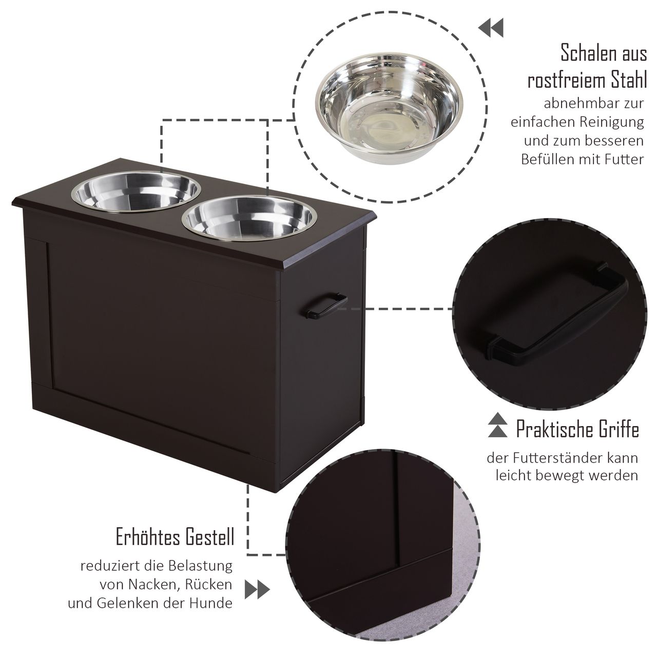 PawHut Hunde Fressnapf mit Staumraum 2 Näpfen Futterstation Katzenapf Espresso