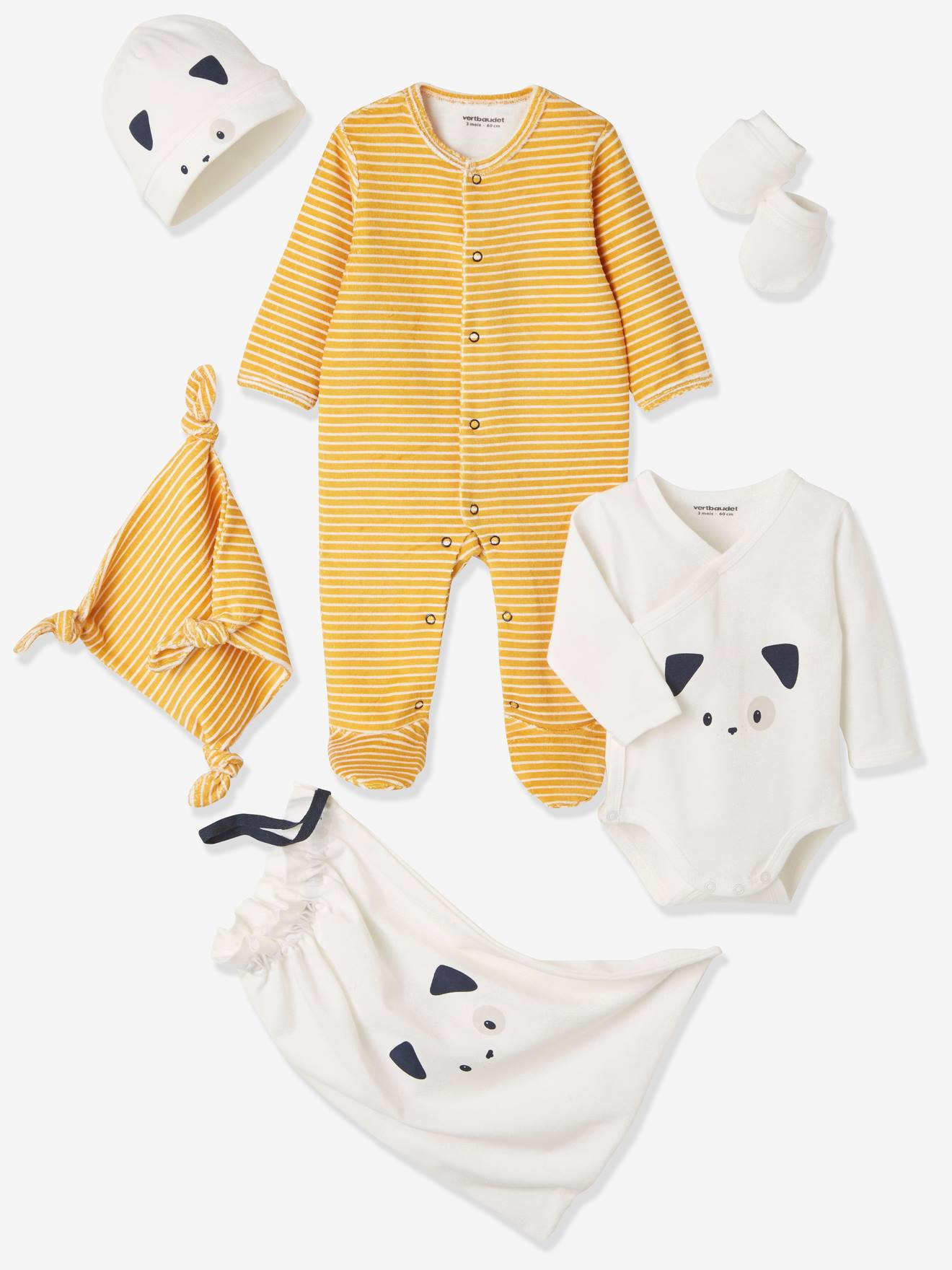 Kit naissance 5 pièces et sac rayé chat lot jaune épicé