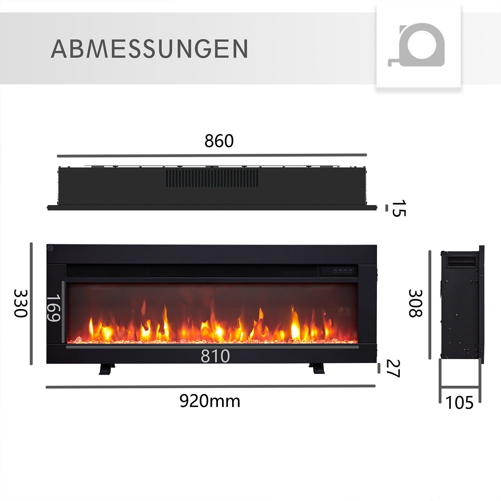 Balderia Elektrokamin Agnes, Elektrischer 3in1 Stand-, Wand- oder Einbaukamin, Heizung 1800 W, 3D-Flammeneffekt, Fernbedienung, Timer, Thermostat
