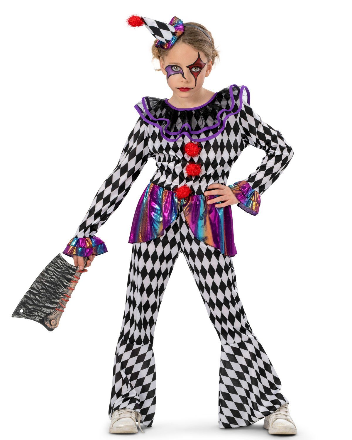 Funny Fashion Clown-Kostüm Harlekin Kinderkostüm 'Chelsey' mit Hut, Pierrot