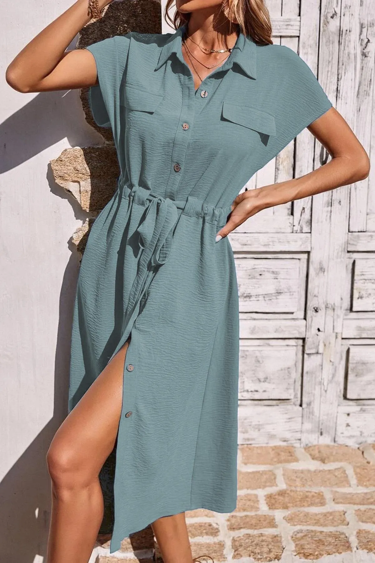 Madmext  Babyblaues langes Kleid mit Hemdkragen MG1743