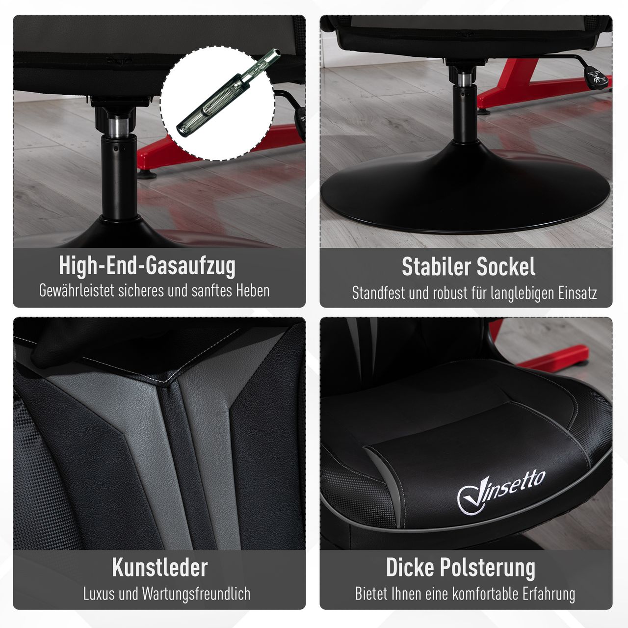 Vinsetto Gaming Stuhl Ergonomischer Computerstuhl mit Wippenfunktion Drehstuhl höhenverstellbar Stahl Schwarz Grau 67 x 75 x 106-112 cm