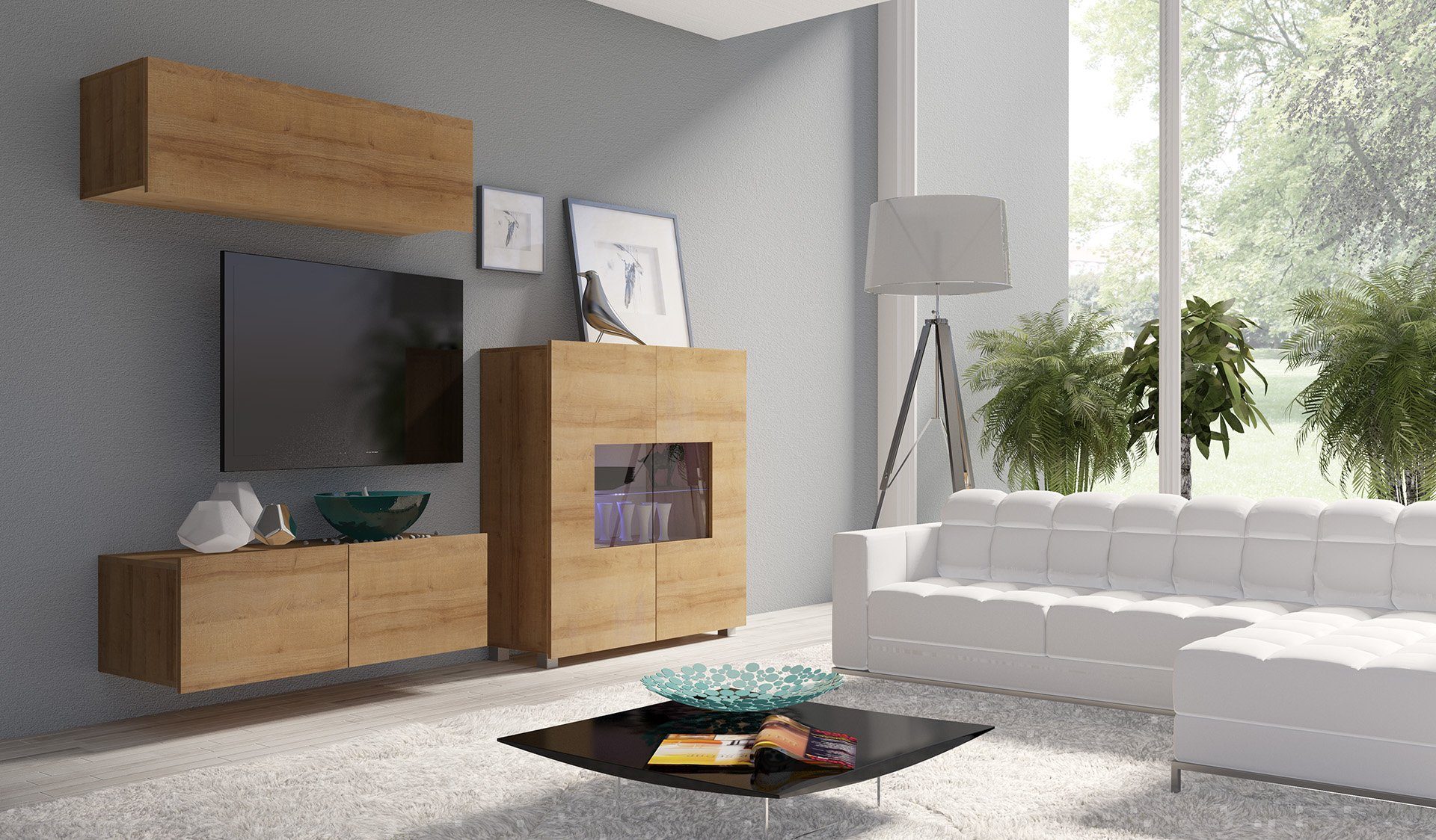 Stylefy Wohnwand Bietula, (Set (3-St), Wohnzimmer-Set), bestehend aus 1xWandboard, 1xLowboard und 1xKommode, wahlweise mit LED-Beleuchtung, variabel hängbar