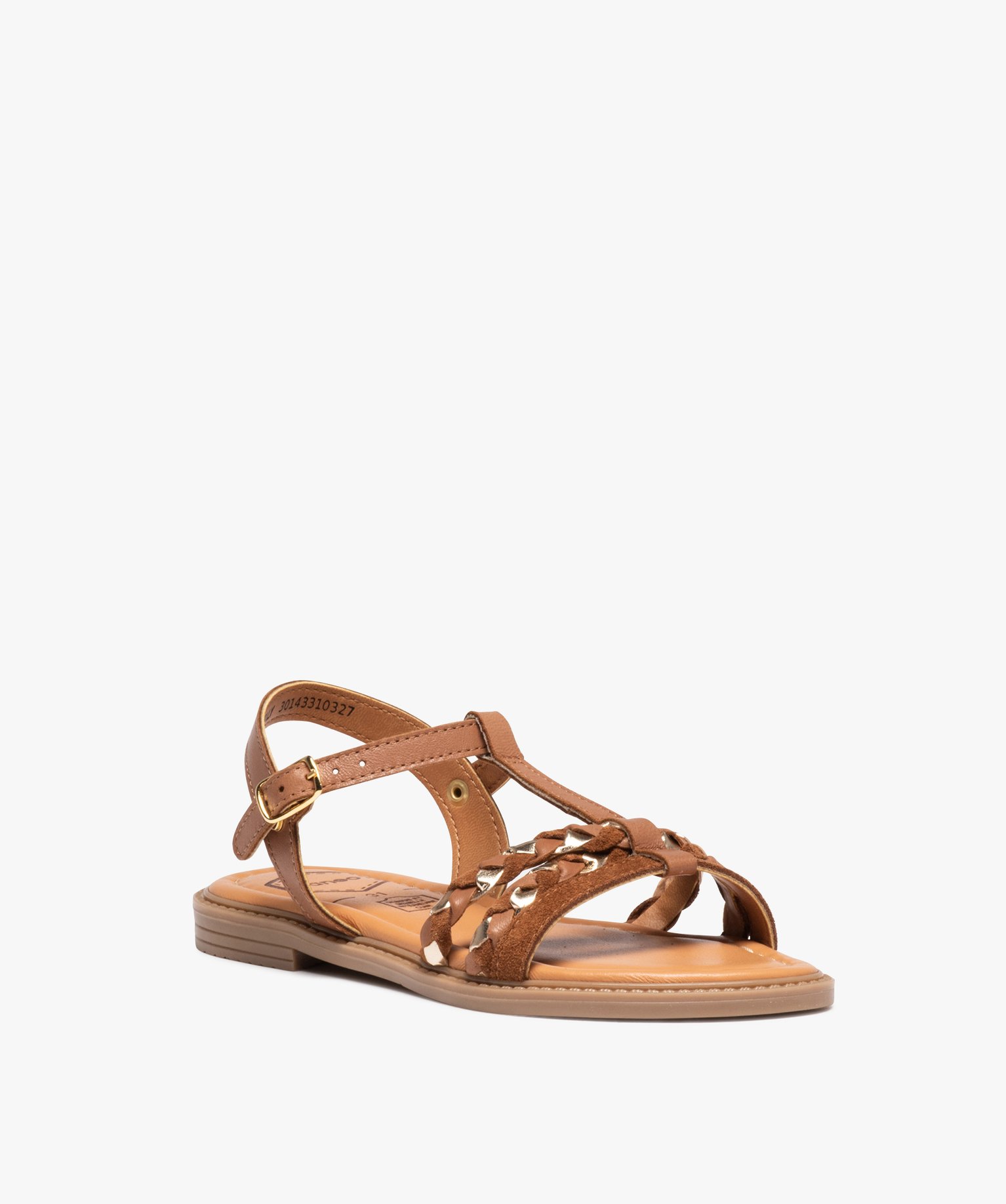 Sandales fille plates à brides en cuir contrastées camel | GEMO