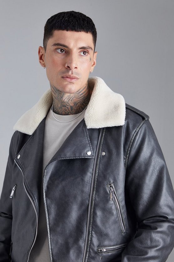 Kastige PU-Bikerjacke mit Borg-Kragen