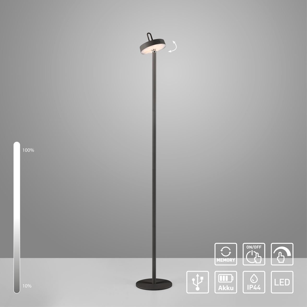 JUST LIGHT Akku Stehleuchte AMAG, 1x LED-Board/1,50Watt/2700Kelvin, IP44, Schwarz