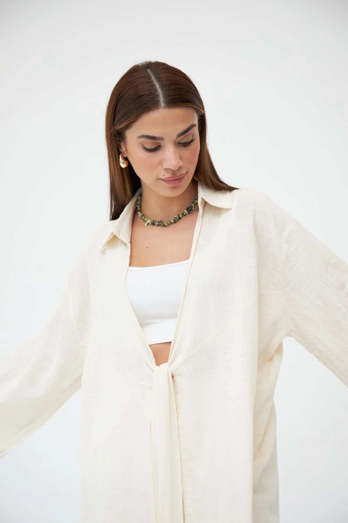 Laluvia  Steinfarbenes Flam-Leinen-Kimono-Shirt
