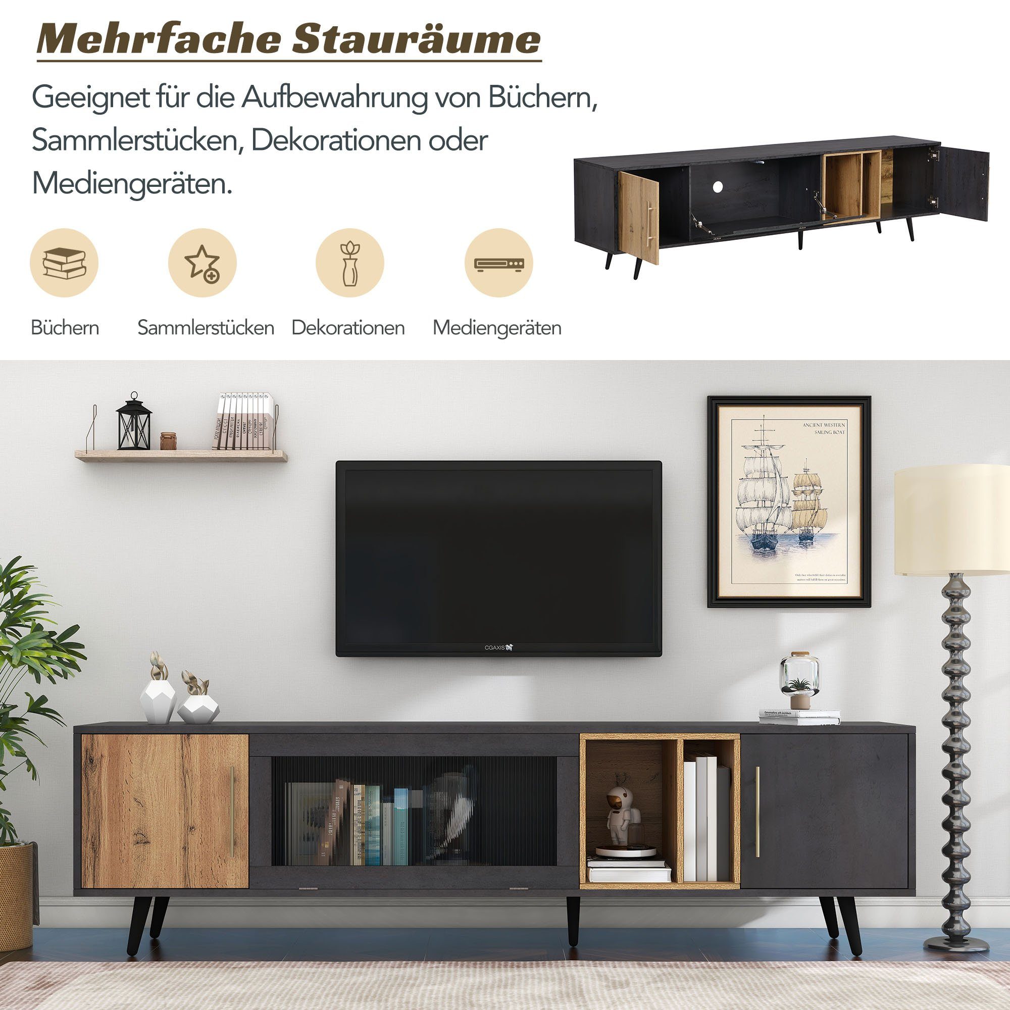 Merax Lowboard mit Klapptür aus Glas und abnehbarem Fach, TV-Schrank mit großen Stauraum, Breite 200cm