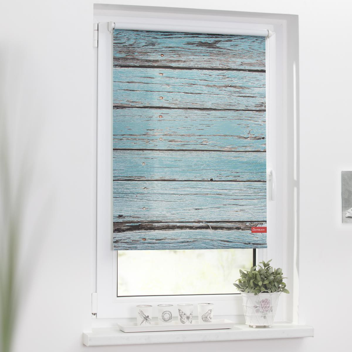 Lichtblick Rollo Klemmfix, ohne Bohren, blickdicht, Bretter-Vintage Petrol, 60 x 150 cm (B x L)