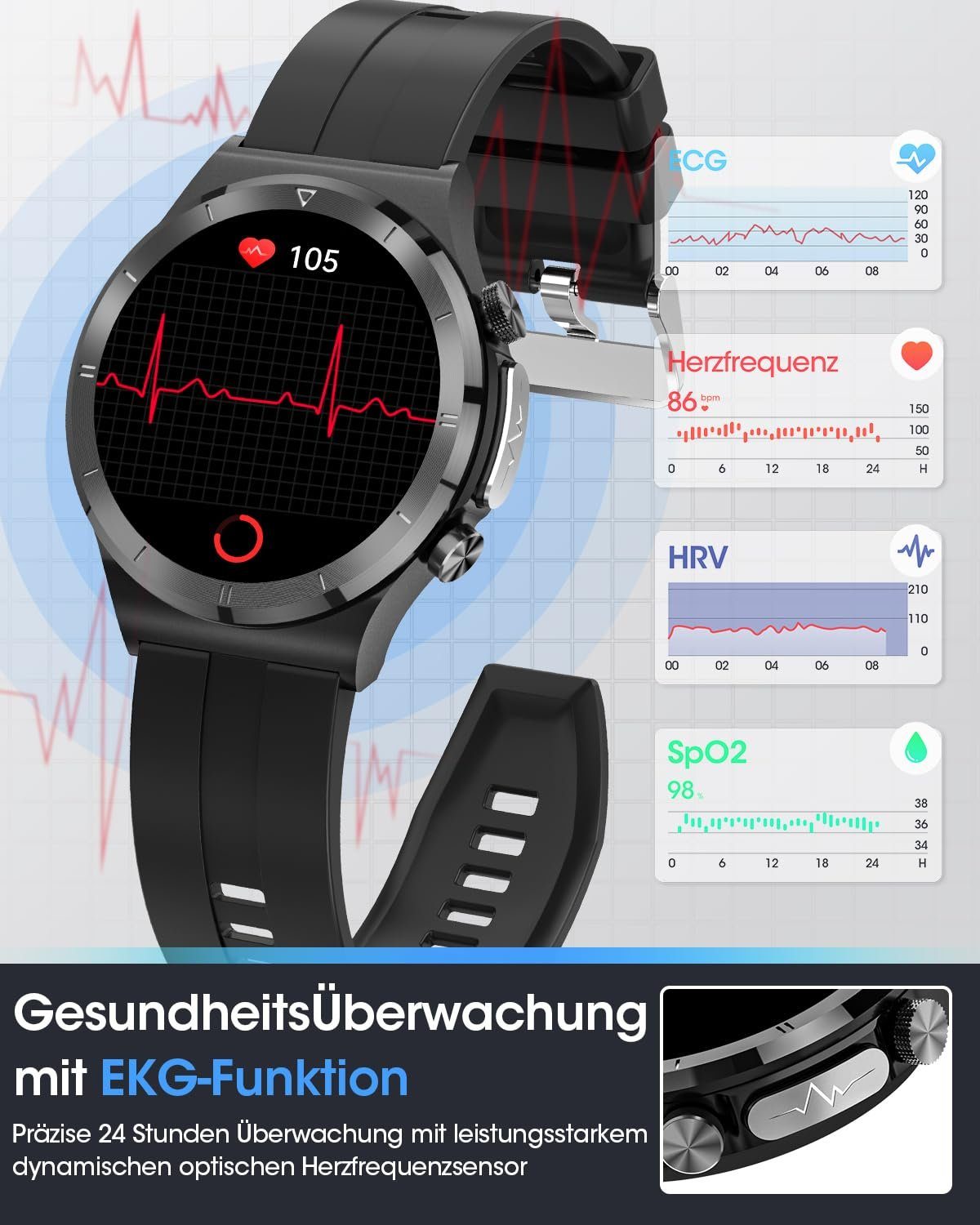 Powerwill Smartwatch Herren mit Blutzuckermessung, 24/7 Schlafmonitor Smartwatch, Pulsmesser, SpO2, 1,39