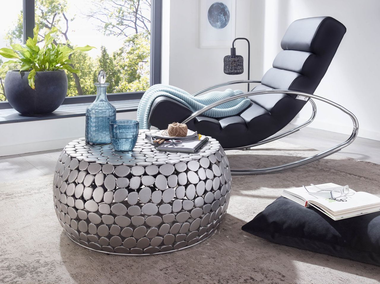 Skyport WOHNLING Couchtisch Metall Silber Sofatisch Ø 66 cm Tisch Wohnzimmertisch Rund