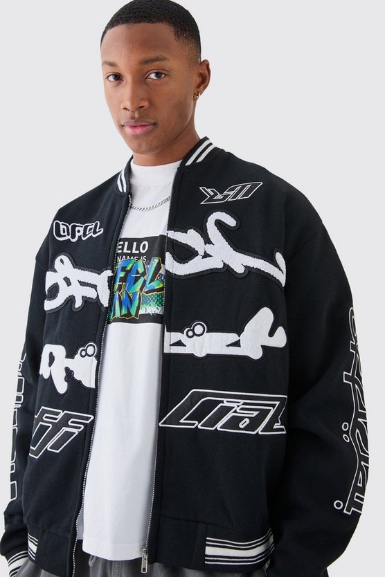 Kastige Oversize Jersey-Bomberjacke mit Applikation