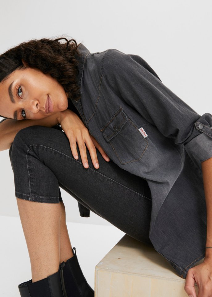 Jeansbluse mit Druckknöpfen, Langarm