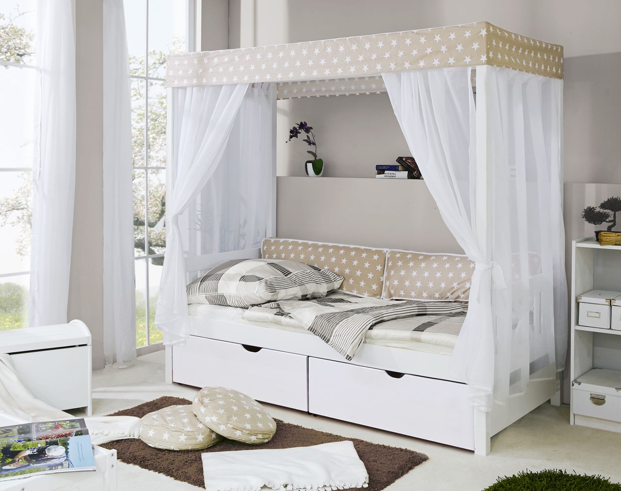 Ticaa Himmelbett Beige Var. 4 - mit 2er Schubkästen