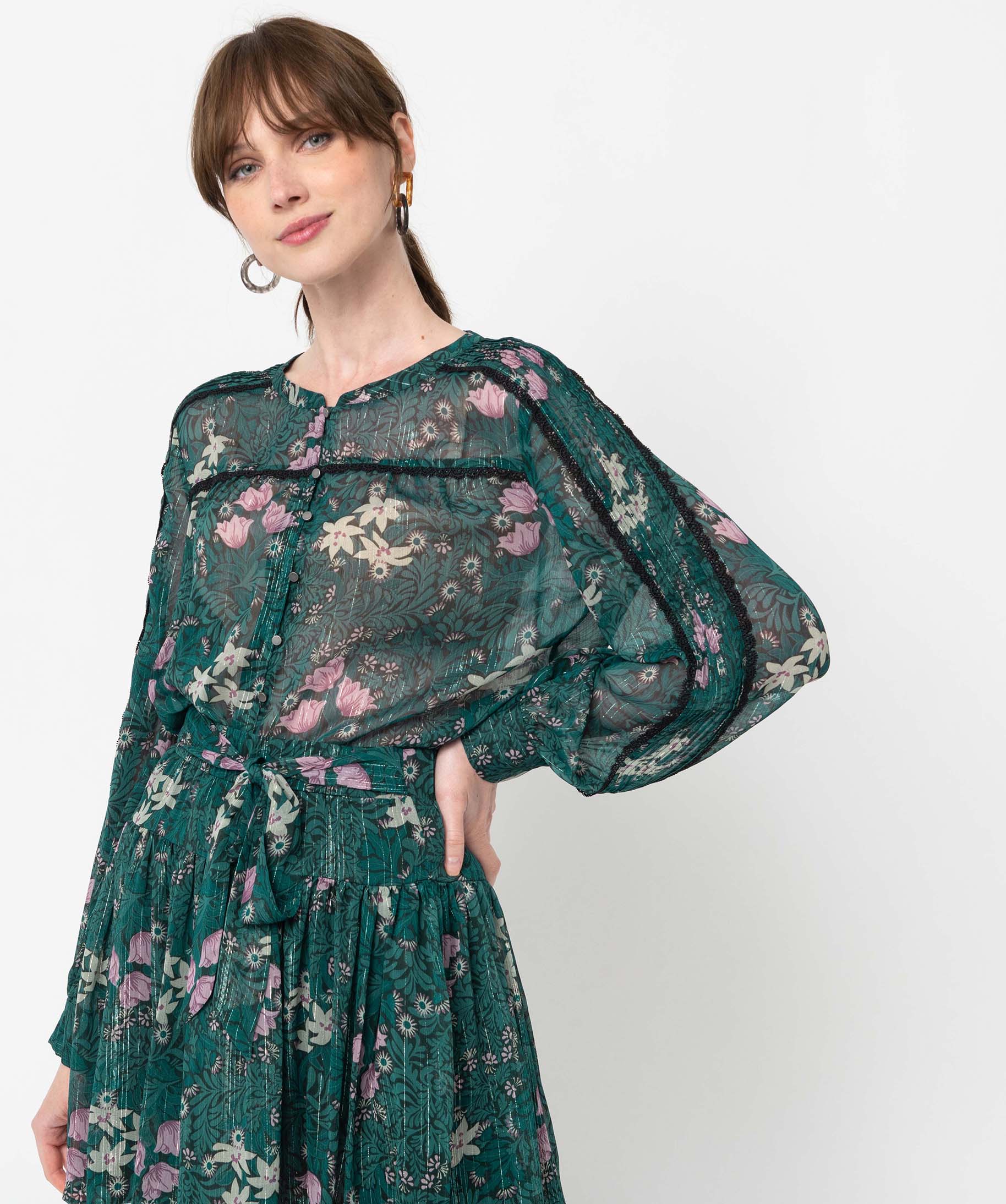 Blouse femme en voile à manches longues imprime | GEMO