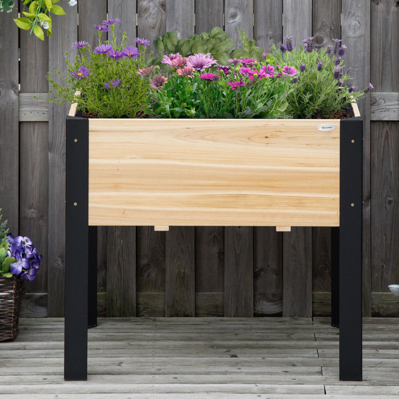 Outsunny Hochbeet Pflanzkasten Blumenkasten Blumentopf Kräuterbeet mit Vliesstoff Massivholz Stahl Natur Schwarz 80 x 60 x 74 cm