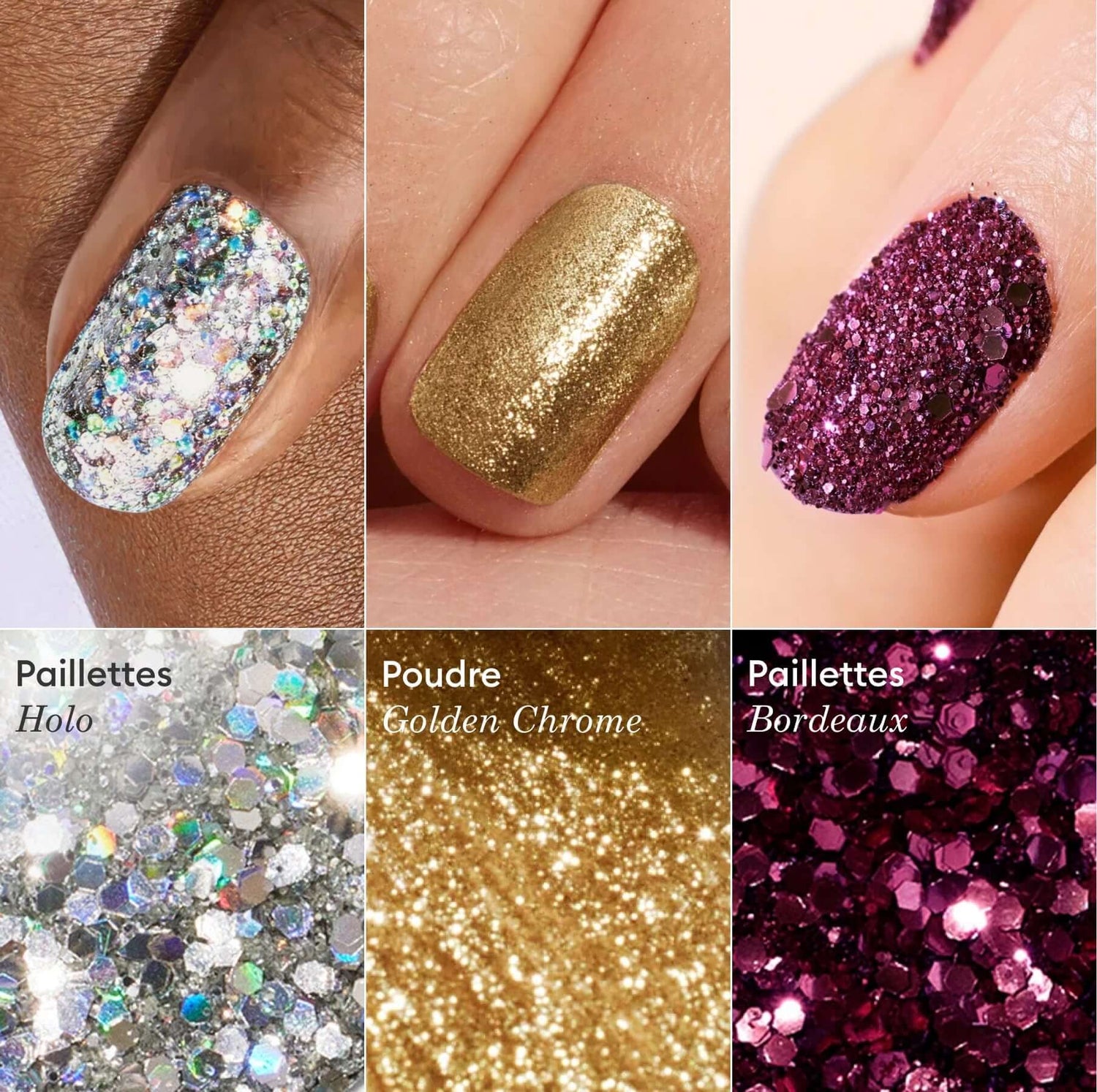 Trio di polveri glitterate ed effetto