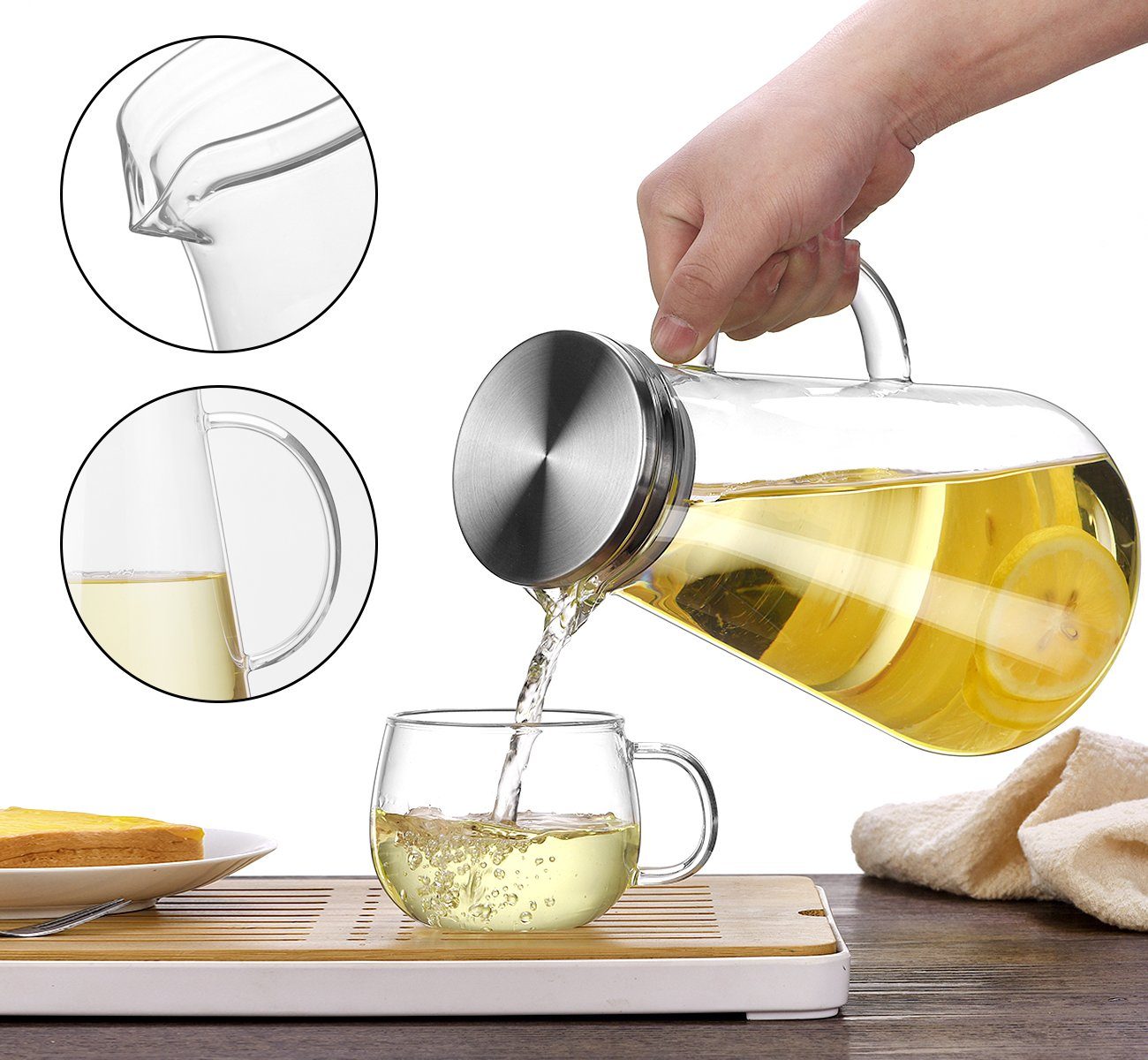 Homewit Karaffe Glas Krug 2,2L Karaffe mit Griff und Filter Wasserkrug Glaskaraffe, (Set, 1-tlg., 2.2 L), Glaskrug, Eistee Krug
