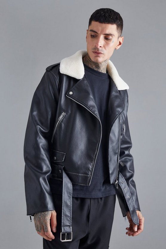 Kastige PU-Bikerjacke mit Borg-Kragen