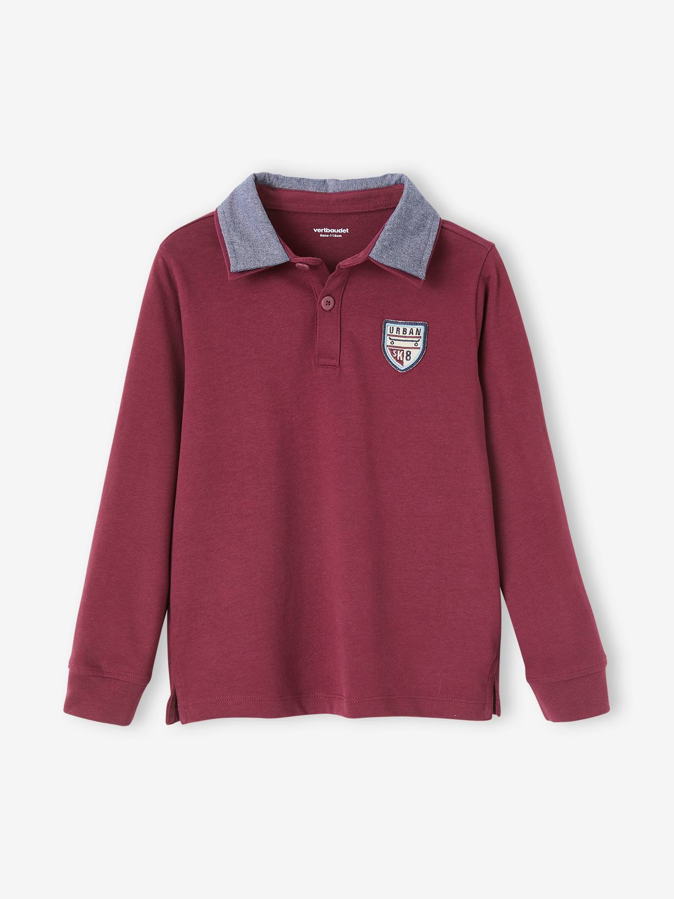 Polo garçon avec badge et col en chambray dark bleu indigo