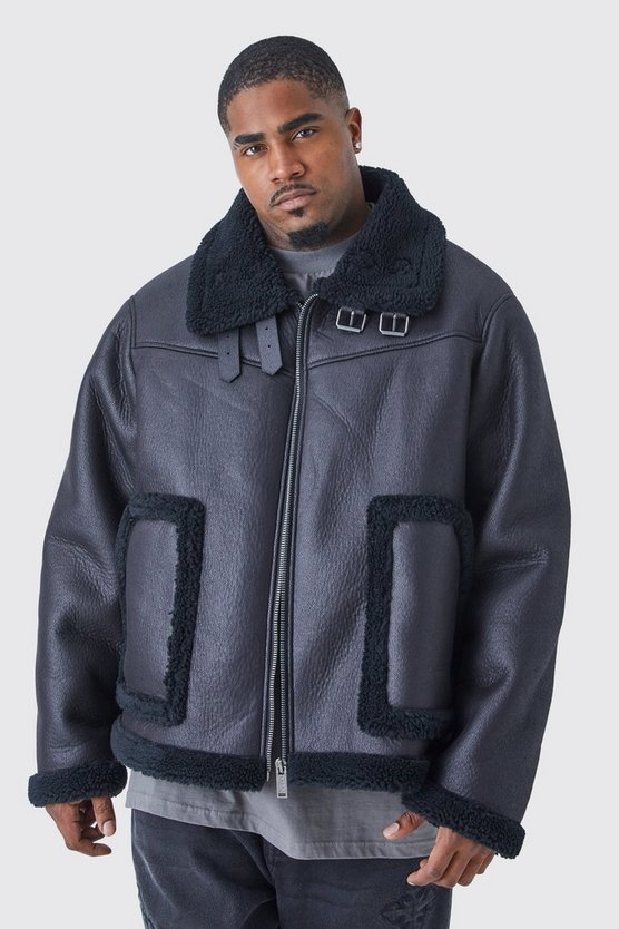 Plus PU-Fliegerjacke mit Borg-Detail