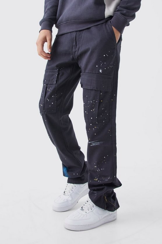 Slim-Fit Cargohose mit Reißverschluss und Farbspritzern