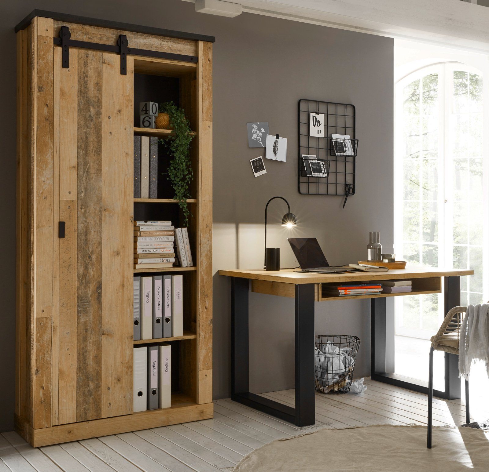 Furn.Design Mehrzweckschrank Stove (Büroschrank in Used Wood Vintage, 93 x 201 cm) mit Schiebetür