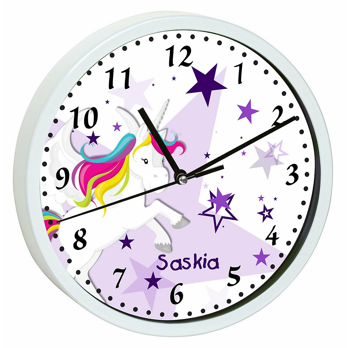 Kinder Wanduhr personalisiert mit Name Pegasus Sterne Lila