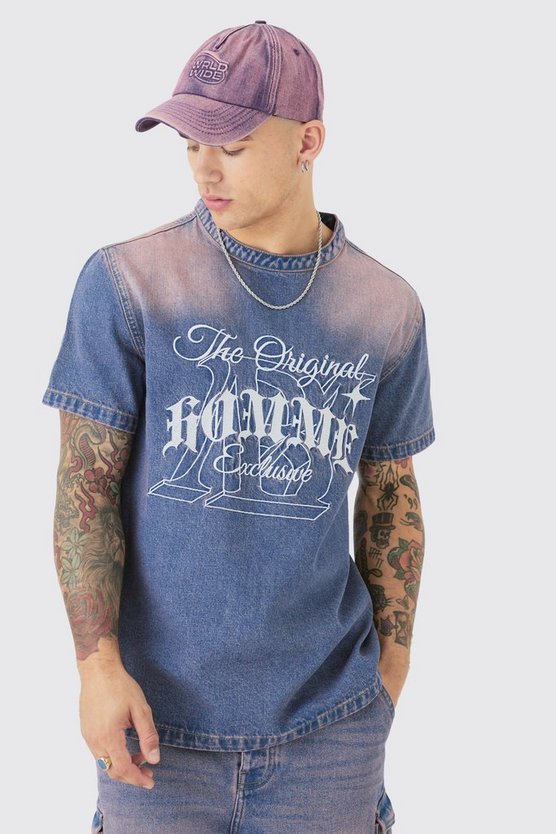 Kurzärmliges Jeans T-Shirt mit Homme-Stickerei in Pink