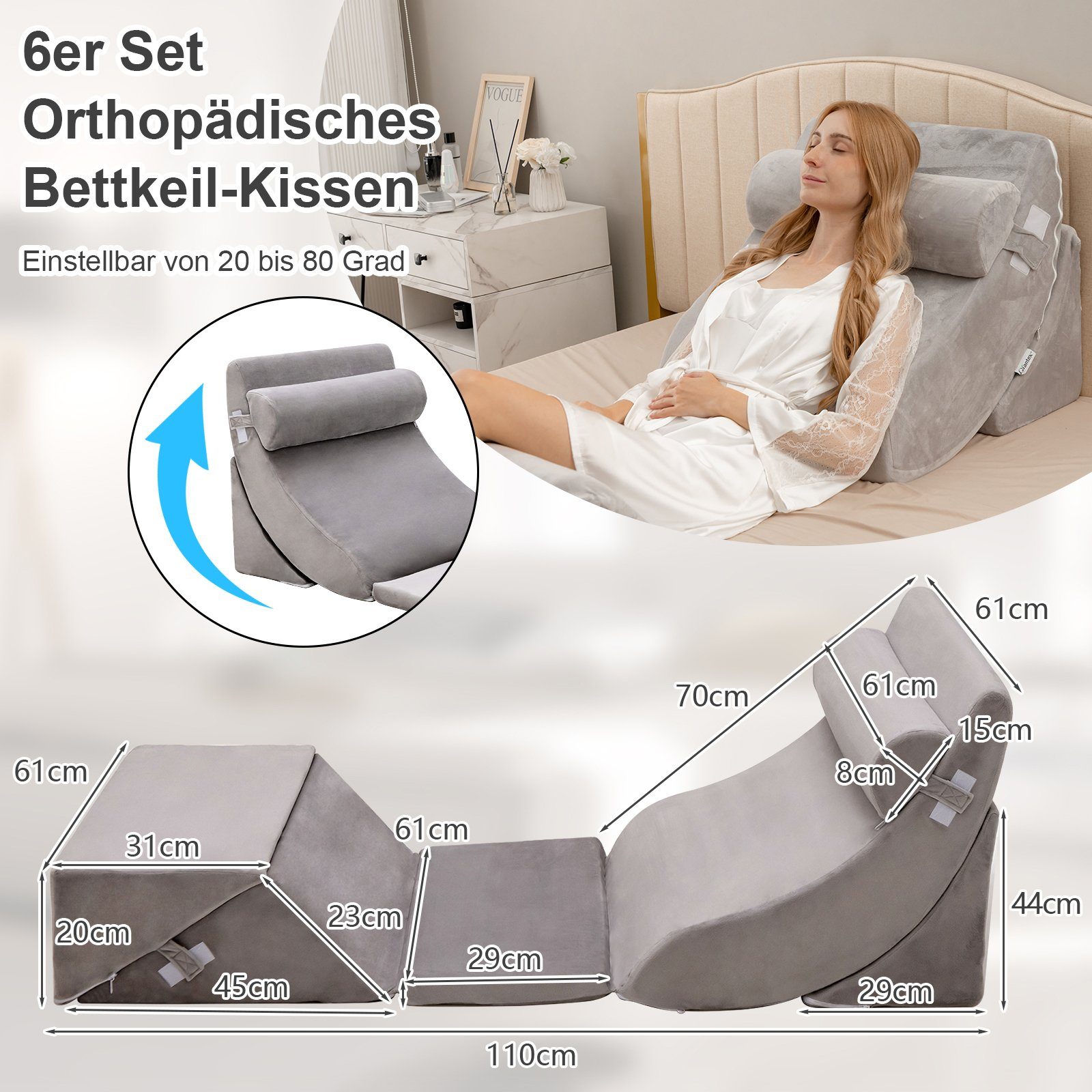 COSTWAY Keilkissen, 6-tlg., verstellbare Stützkissen mit waschbarem Bezug