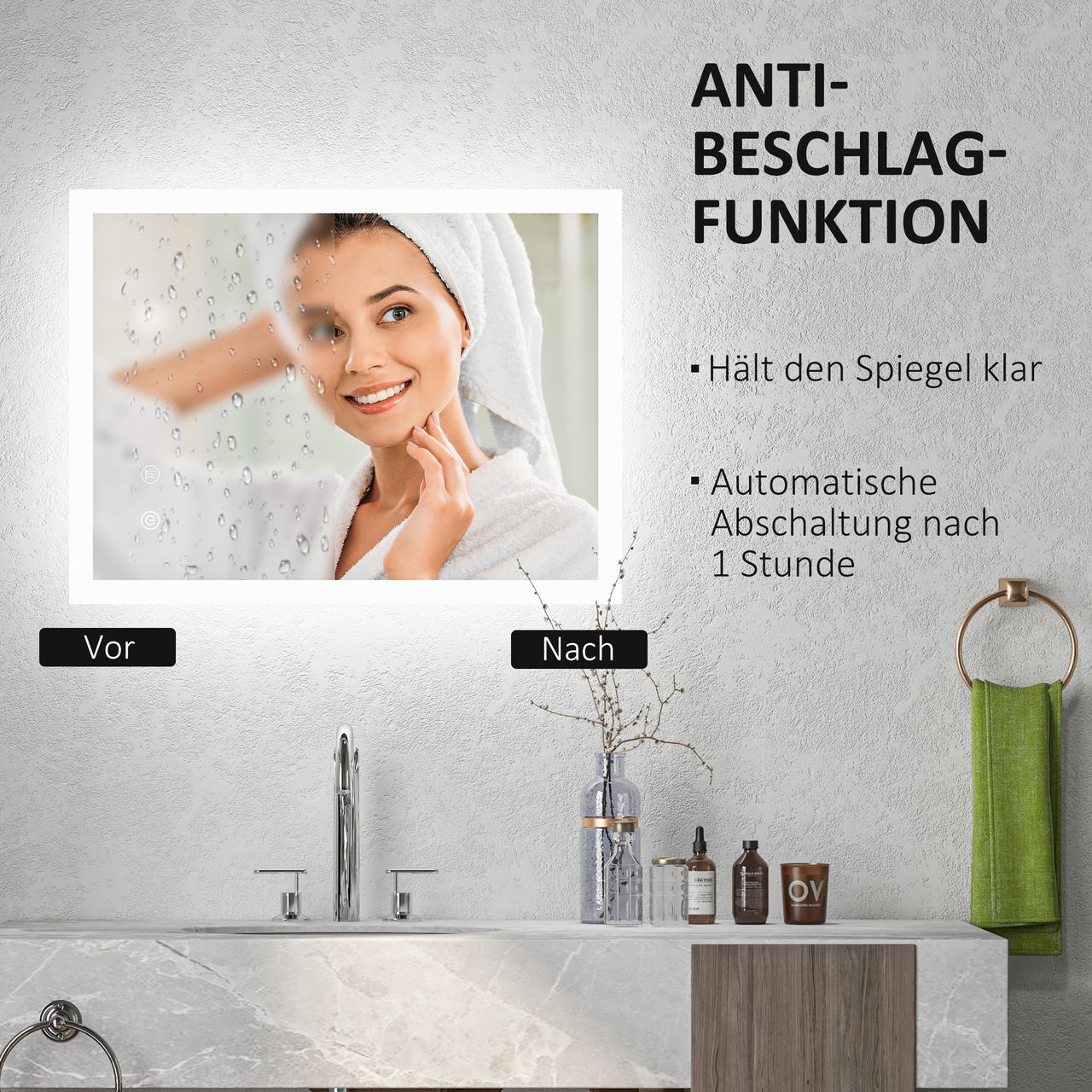 kleankin Badspiegel, Badezimmerspiegel mit LED-Leuchte, Memory-Funktion 80x 60cm