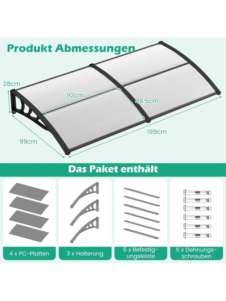 COSTWAY Vordach für Haustür 199x99cm in Grau günstig kaufen onesize