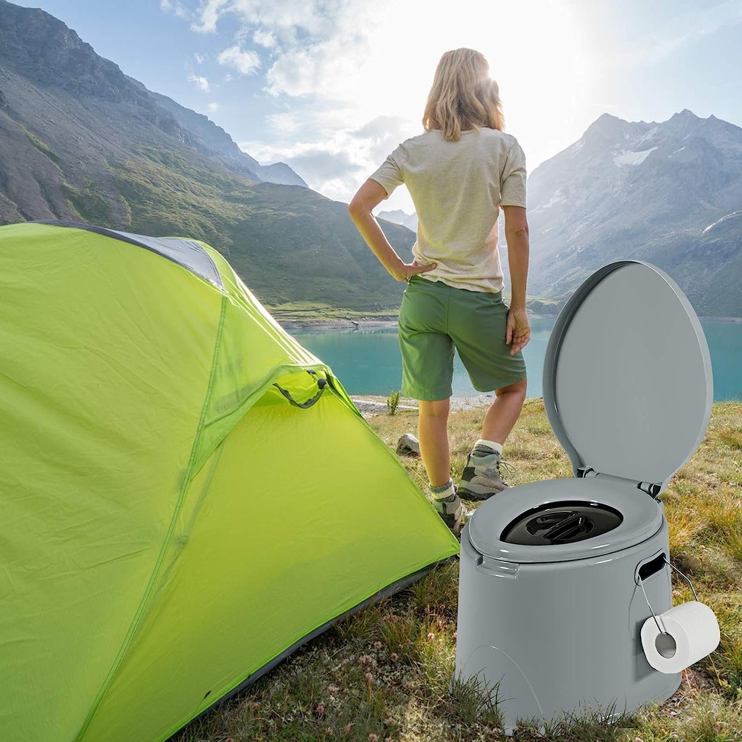 KOMFOTTEU Campingtoilette, mit Toilettenpapierhalter, Deckel & abnehmbare Eimer