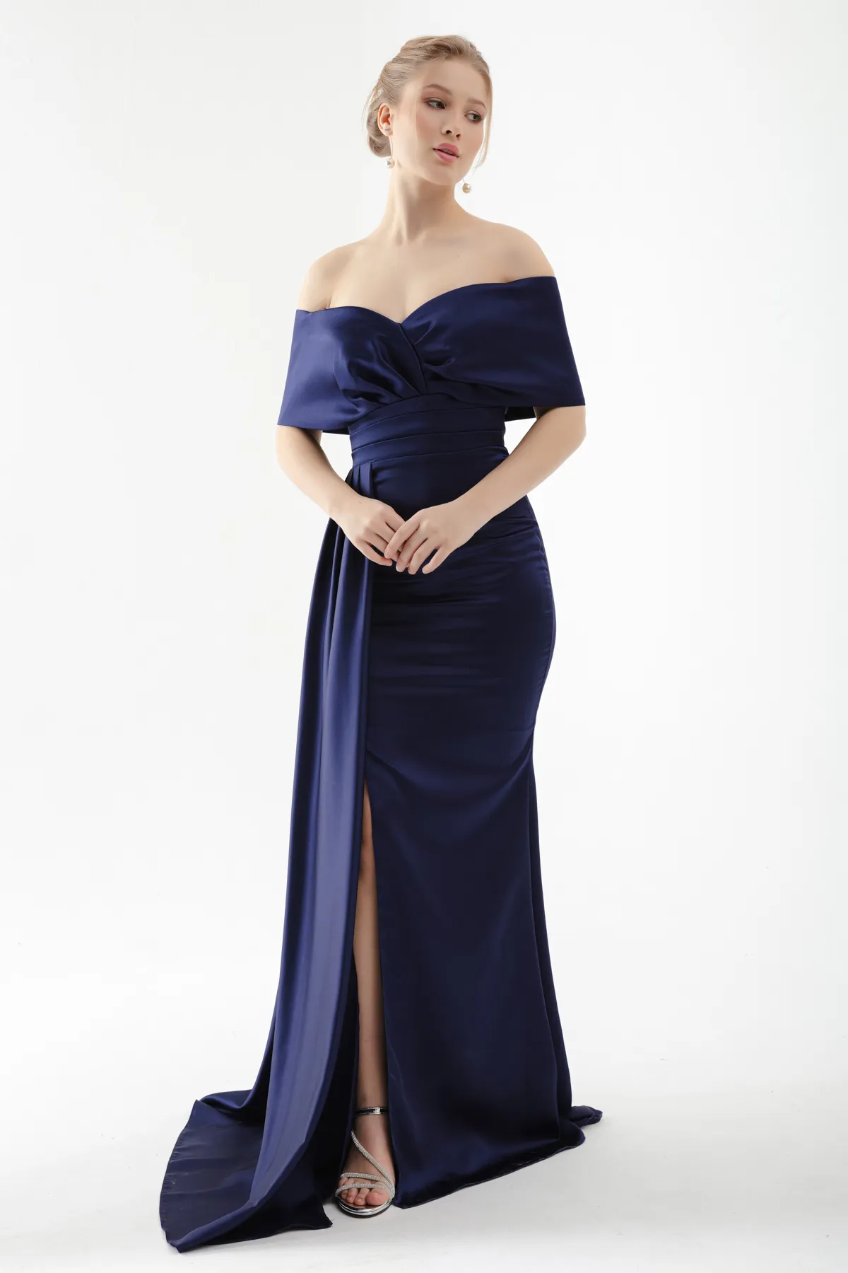 Lafaba  Marineblaues, langes Abendkleid mit U-Boot-Ausschnitt und Schlitz für Damen