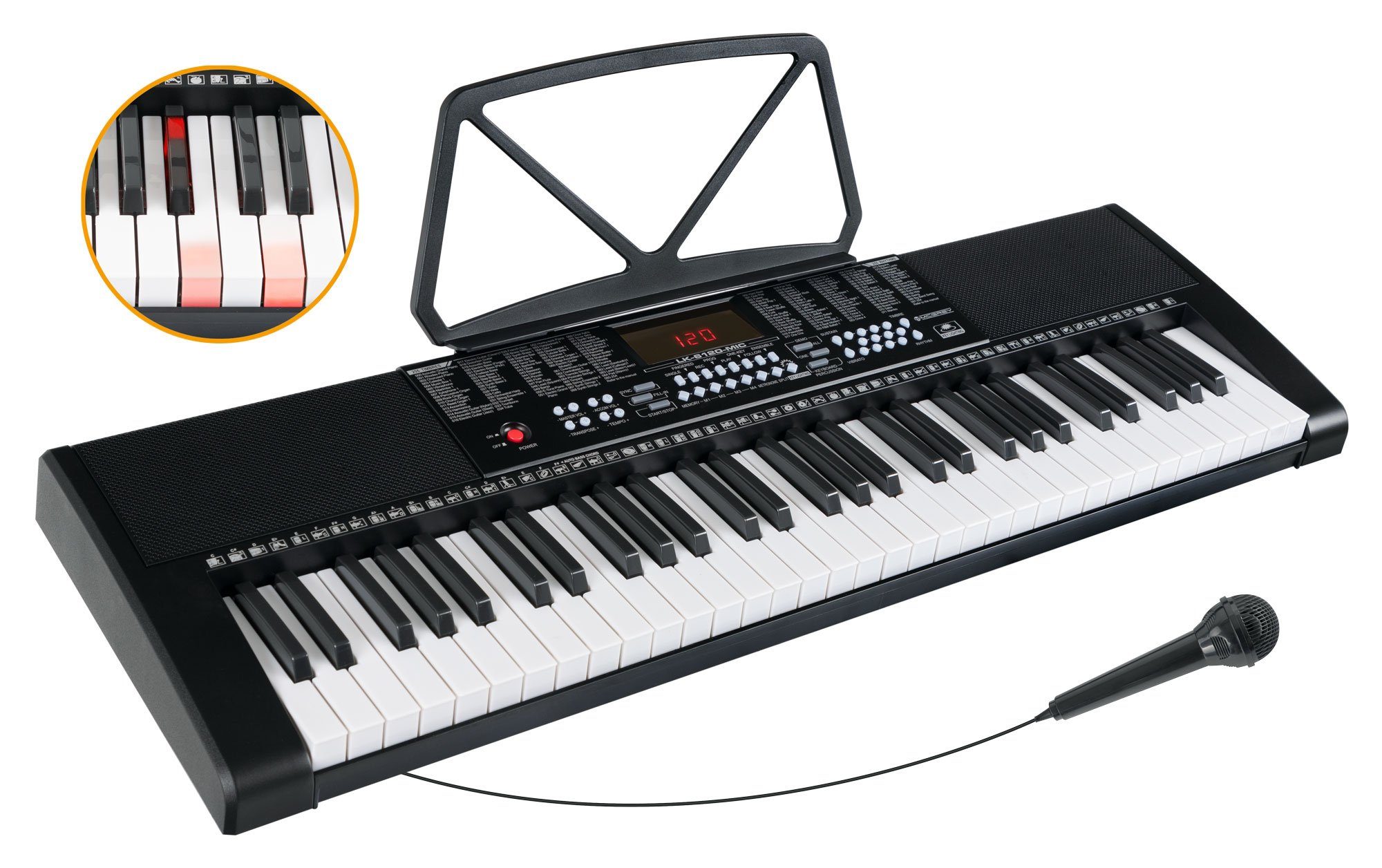 McGrey Home Keyboard LK-6120-MIC - Einsteiger-Keyboard mit 61 Leuchttasten, (2 tlg., Inkl. Mikrofon und Notenhalter), 255 Sounds und Rhythmen - 50 Demo Songs mit Lernfunktionen