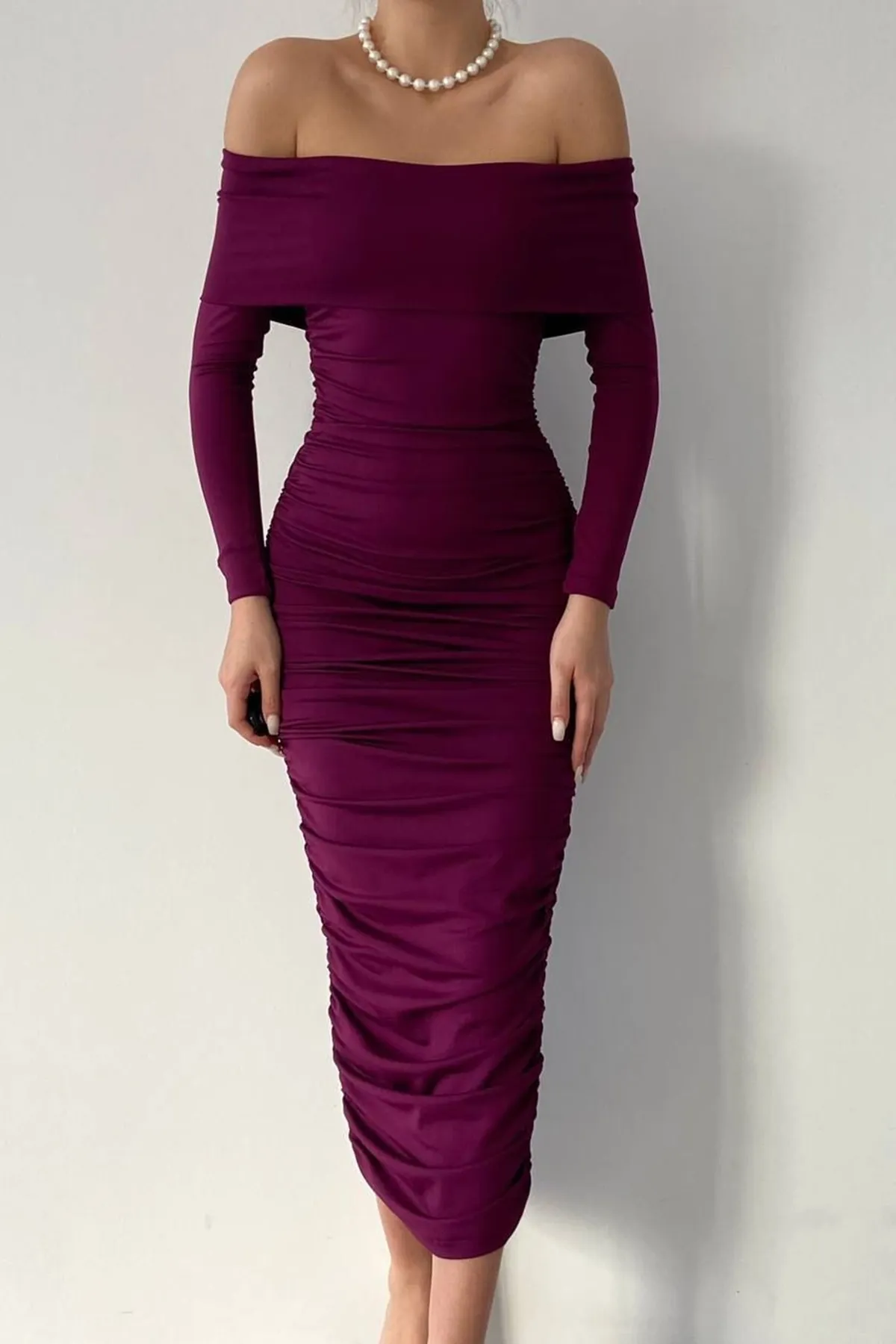 vuvutasarım  Dehnbarer Sandstoff, trägerloser Kragen, Midi-Länge, Bleistiftschnitt, langärmeliges lila Kleid 189