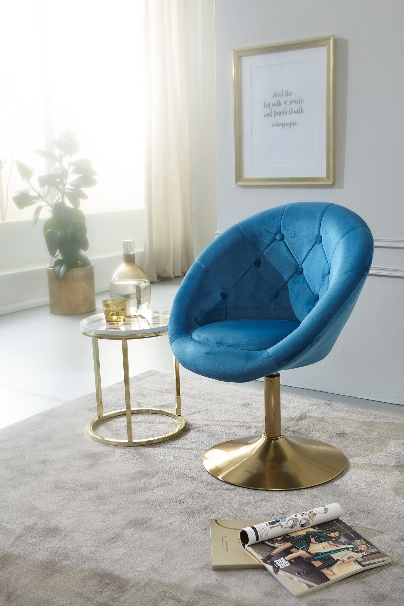 FINEBUY Polsterstuhl FB24204 (Samt Blau / Gold Design Drehstuhl mit Rückenlehne), Clubsessel Lounge, Relaxsessel Loungesessel