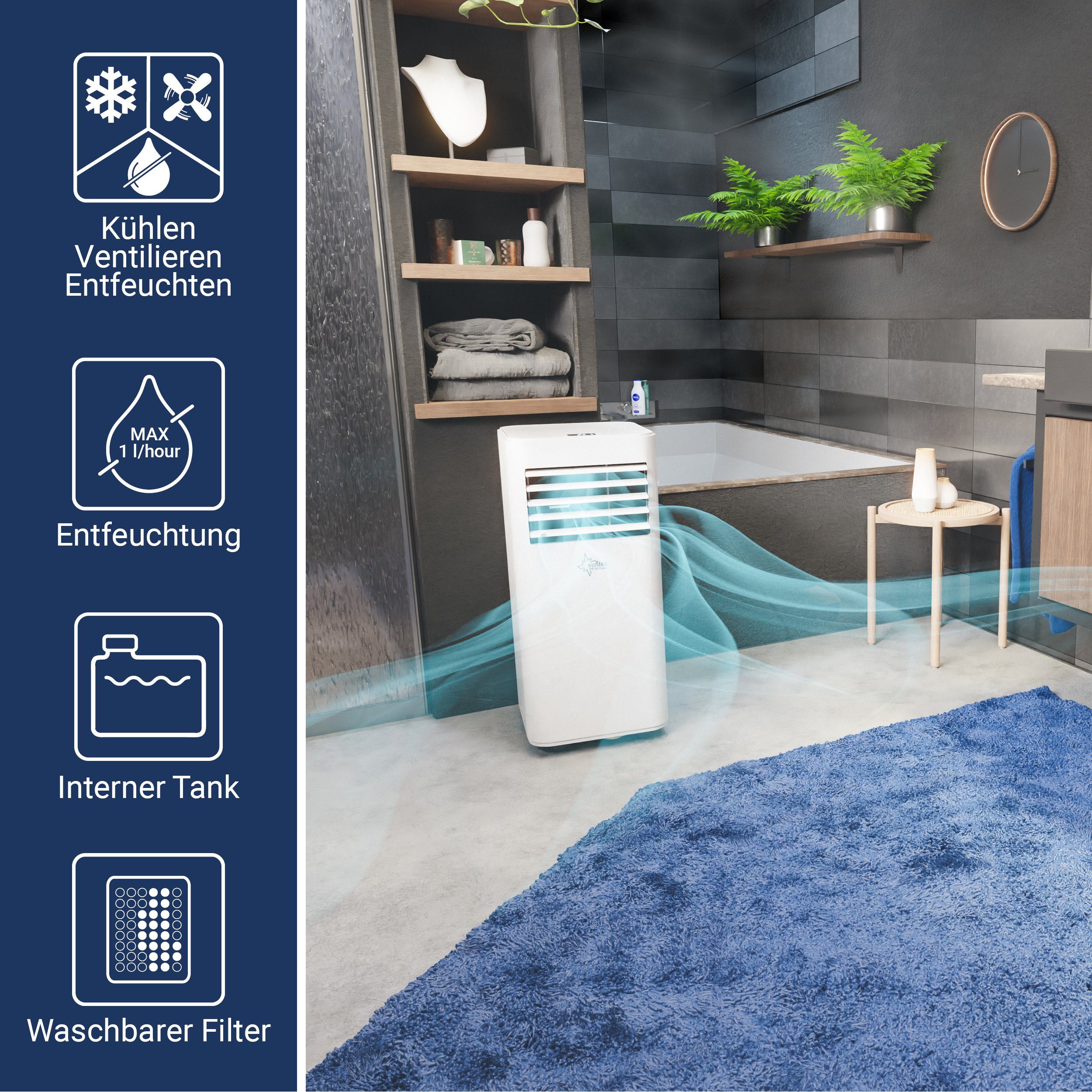 Suntec Wellness Luftentfeuchter Move 7000, für 60 m³ Räume, Entfeuchtung 24,00 l/Tag, Kombigerät aus Entfeuchter + Kühler, 2050 W, Max. 380 m³/h Luftstrom