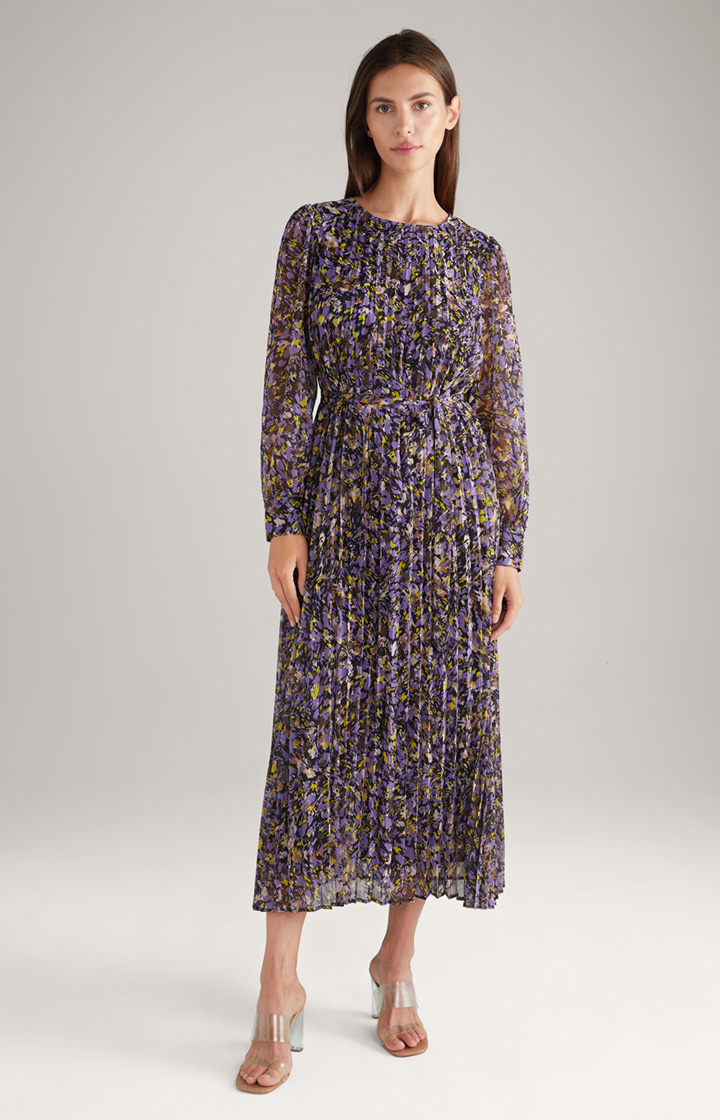 Chiffon-Plissee-Kleid in Lila/Gelb gemustert