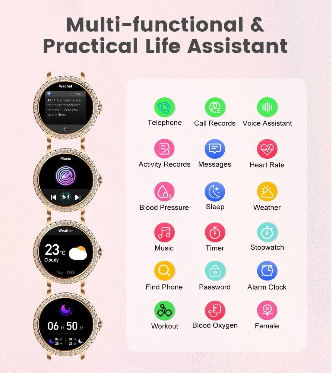 Lige Smartwatch, Damen Mit Telefonfunktion Wasserdicht Rund iOS Android Smart Watch