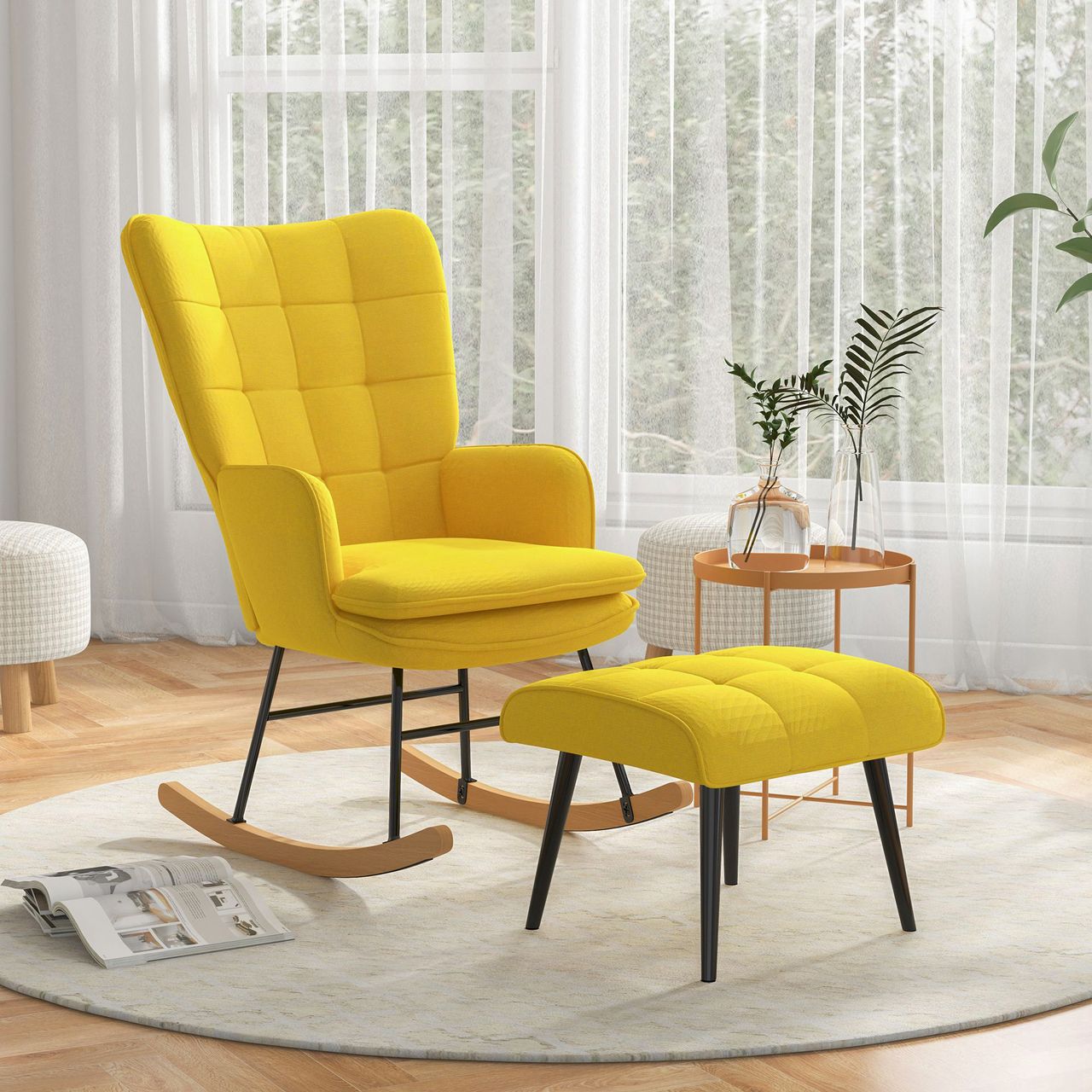 HOMCOM Schaukelstuhl Schwingsessel mit Hocker Relaxsessel mit Leinenoptik