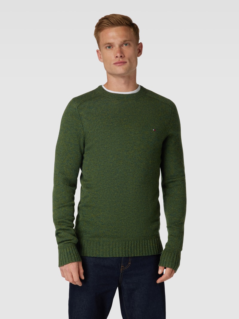 Strickpullover mit Label-Stitching Modell 'MERINO' in olivgrün