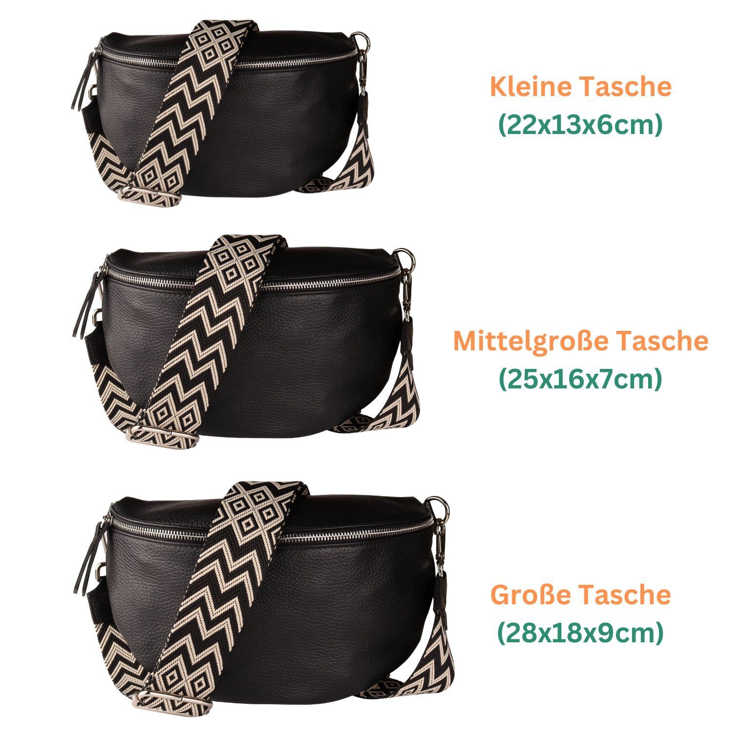 MIRROSI Bauchtasche Damen, Echtleder, Made in Italy, Umhängetasche, Brusttasche, (Schultertasche für jeden Anlass (1 Tasche & 2 Gurte), Crossbody Bag, Schwarz, gemusterten& verstellbaren Schulterriemen