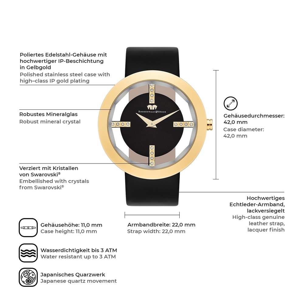 Rhodenwald & Söhne Montre à quartz Lucrezia en Cuir véritable en Noir Montre