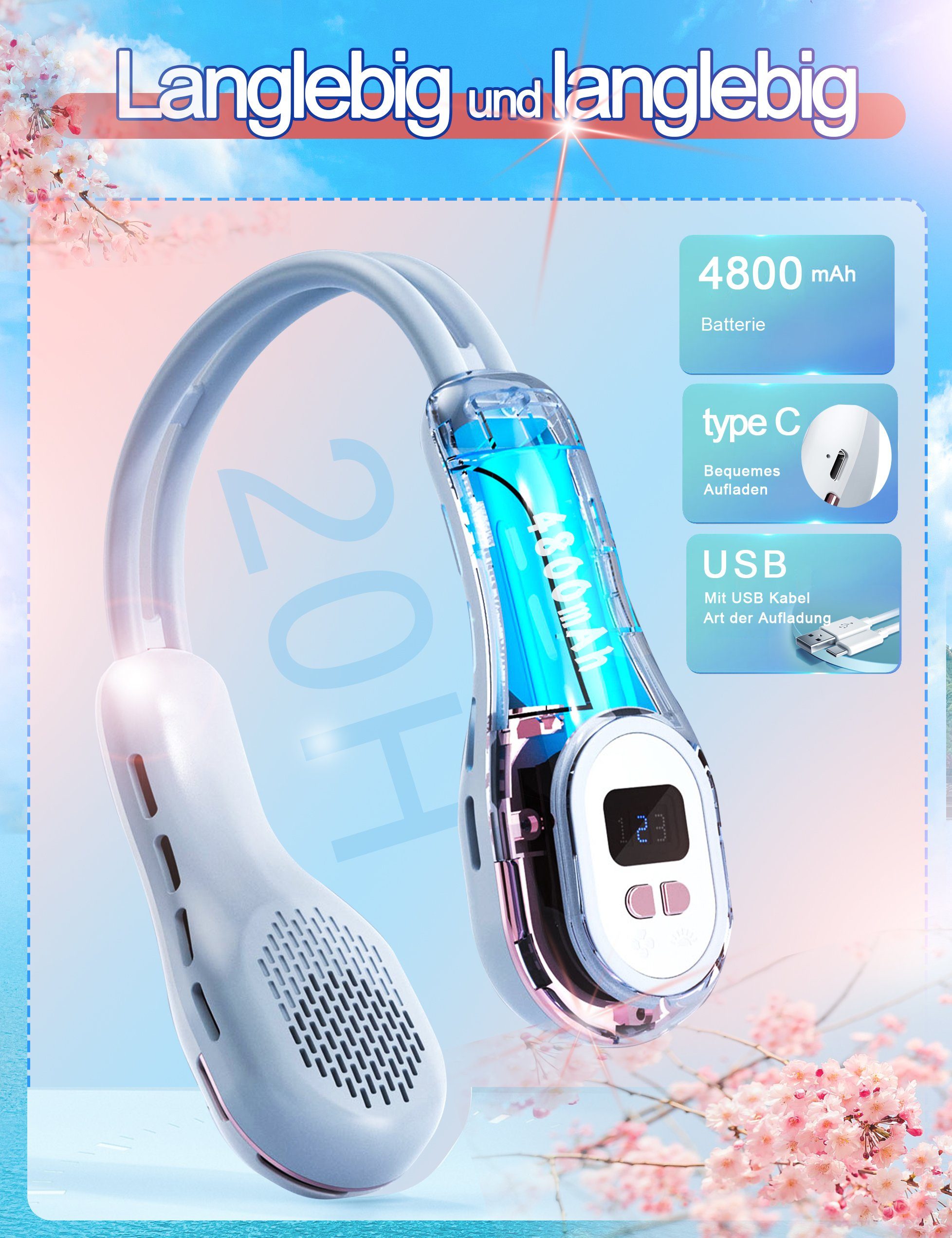 KUGI Mini USB-Ventilator Halsventilator flügelloser Pylon Typ-C wiederaufladbar 4800mAh, tragbares farbiges Licht, wickelt keine Haare Kühlung Gegenmaßnahmen