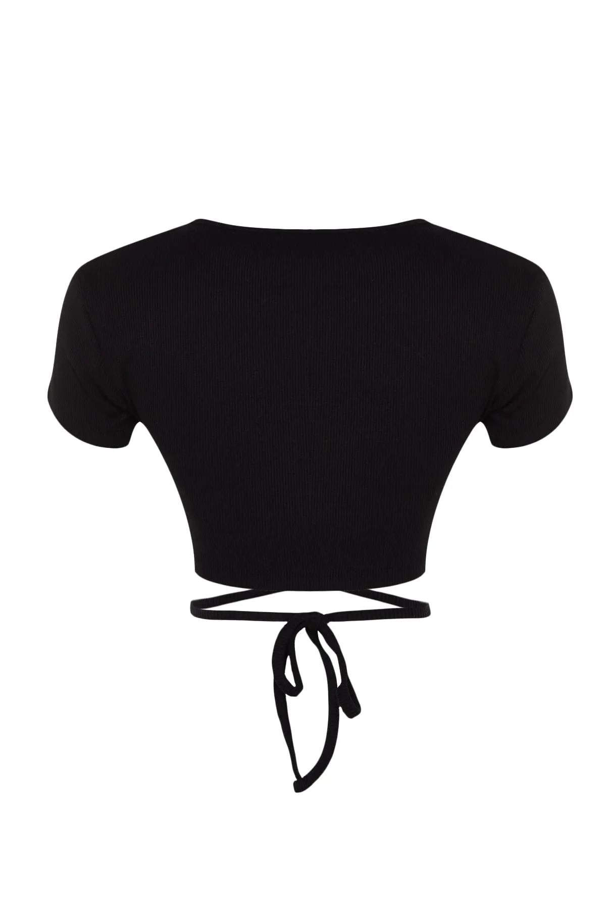 Trendyol Collection  Schwarze, detaillierte, bauchfreie Strickbluse aus gerippter Baumwolle mit Krawatte THMSS22BZ1089