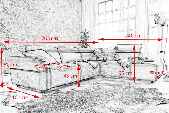 KAWOLA Ecksofa RISO, Leder Sitztiefenverstellung, Recamiere links o. rechts, versch. Farben